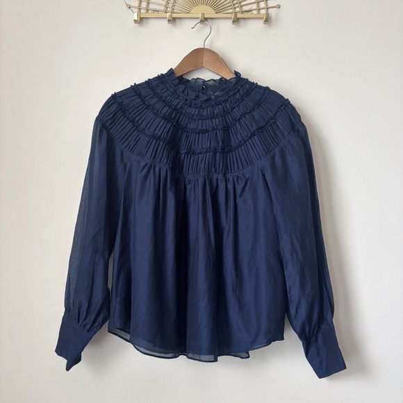 Rebecca Taylor Smocked Silk Top 4 Mock Neck Navy Blue - Picture 1 of 10